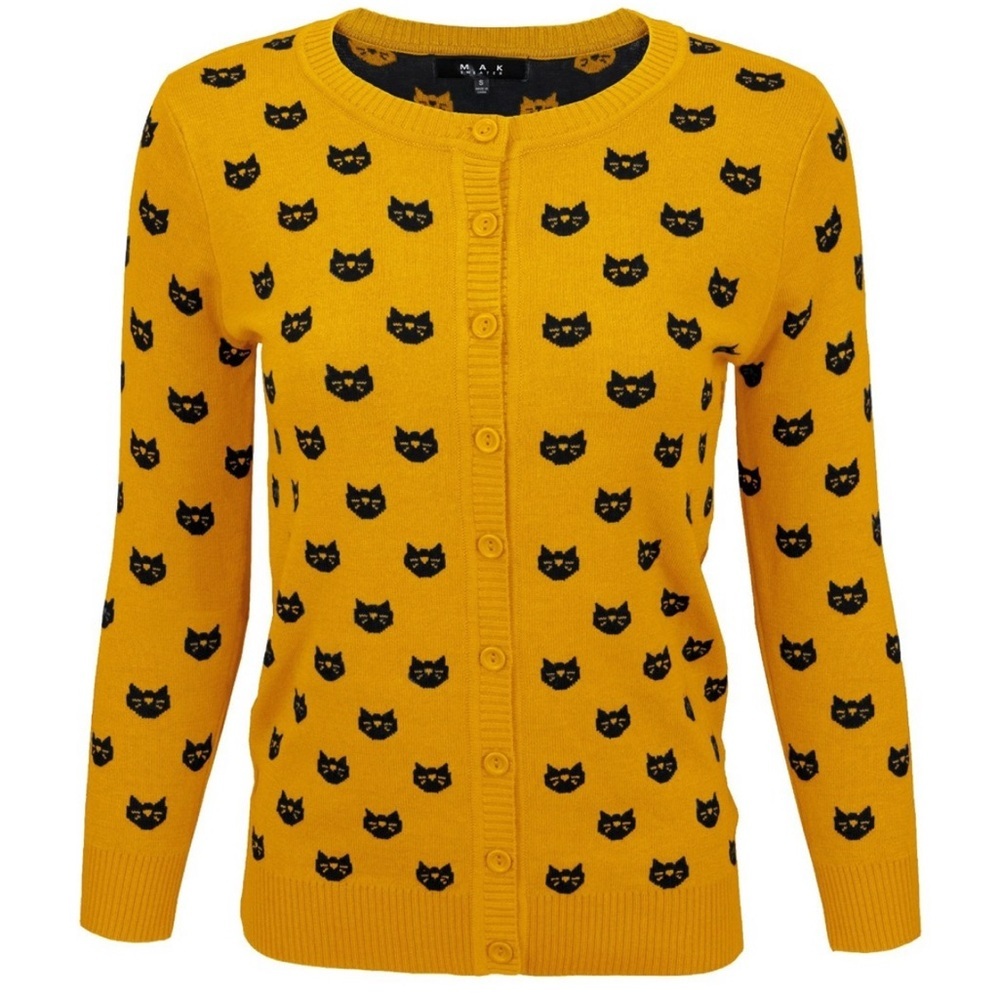 Yemak Black Cat Patterned‎ mustard Yellow cardigan Sweater 3/4 sleeve size S